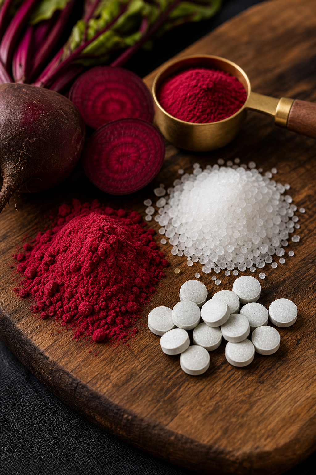 A photorealistic close‑up of natural supplement ingredients like beetroot powder, L‑Arginine crystals, and zinc tablets on a wooden surface. Alt: natural stamina supplement ingredients for athletes
