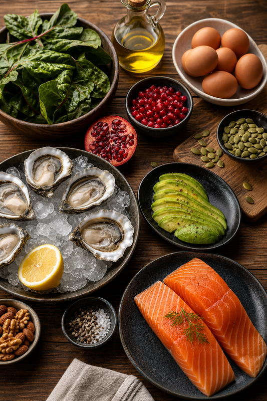 Foods that boost testosterone including oysters, avocado, eggs, fatty fish, and leafy greens arranged on a wooden kitchen table.