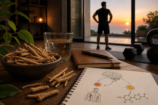 Ashwagandha and testosterone support through stress and cortisol balance.