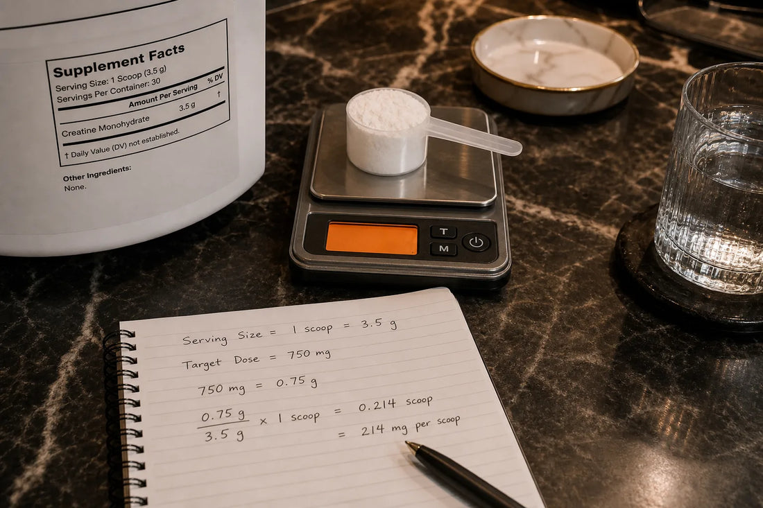 Calculating supplement serving size in milligrams with a label and digital scale.