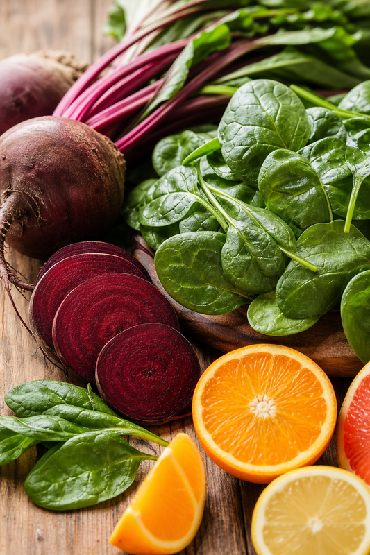 A realistic close‑up of fresh beetroot, spinach leaves, and citrus slices arranged on a wooden table, bright natural lighting, alt="nitric‑oxide boosting foods"