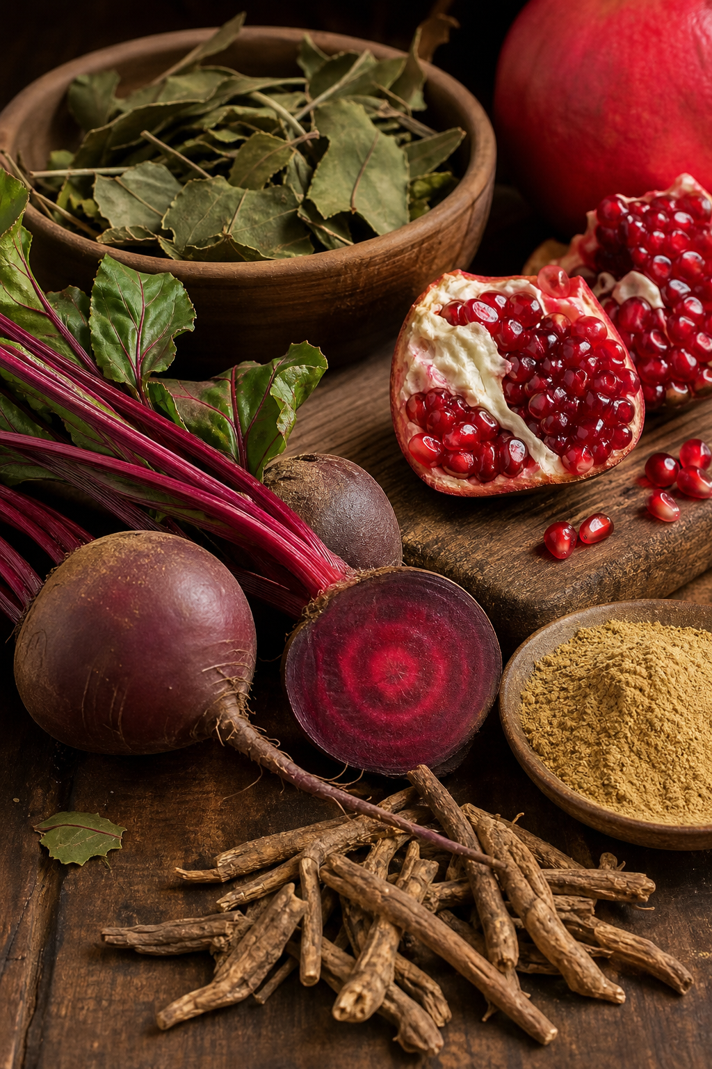 A photorealistic close‑up of natural supplement ingredients like horny goat weed, beetroot, and pomegranate on a wooden tabletop, showing textures and colors, alt="natural supplement ingredients"