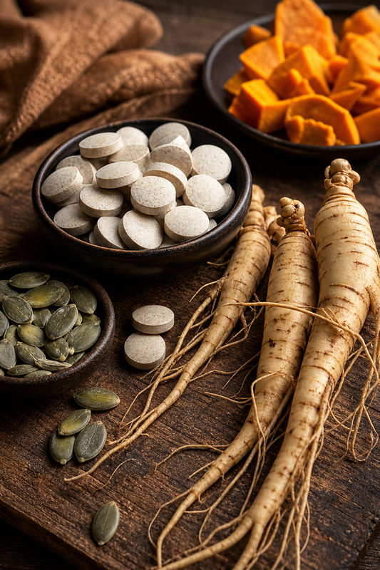 A photorealistic close-up of a handful of natural supplement ingredients including zinc tablets, ginseng root, and pumpkin seeds on a rustic wooden table, with soft natural lighting. Alt: natural ingredients for male orgasm volume supplement
