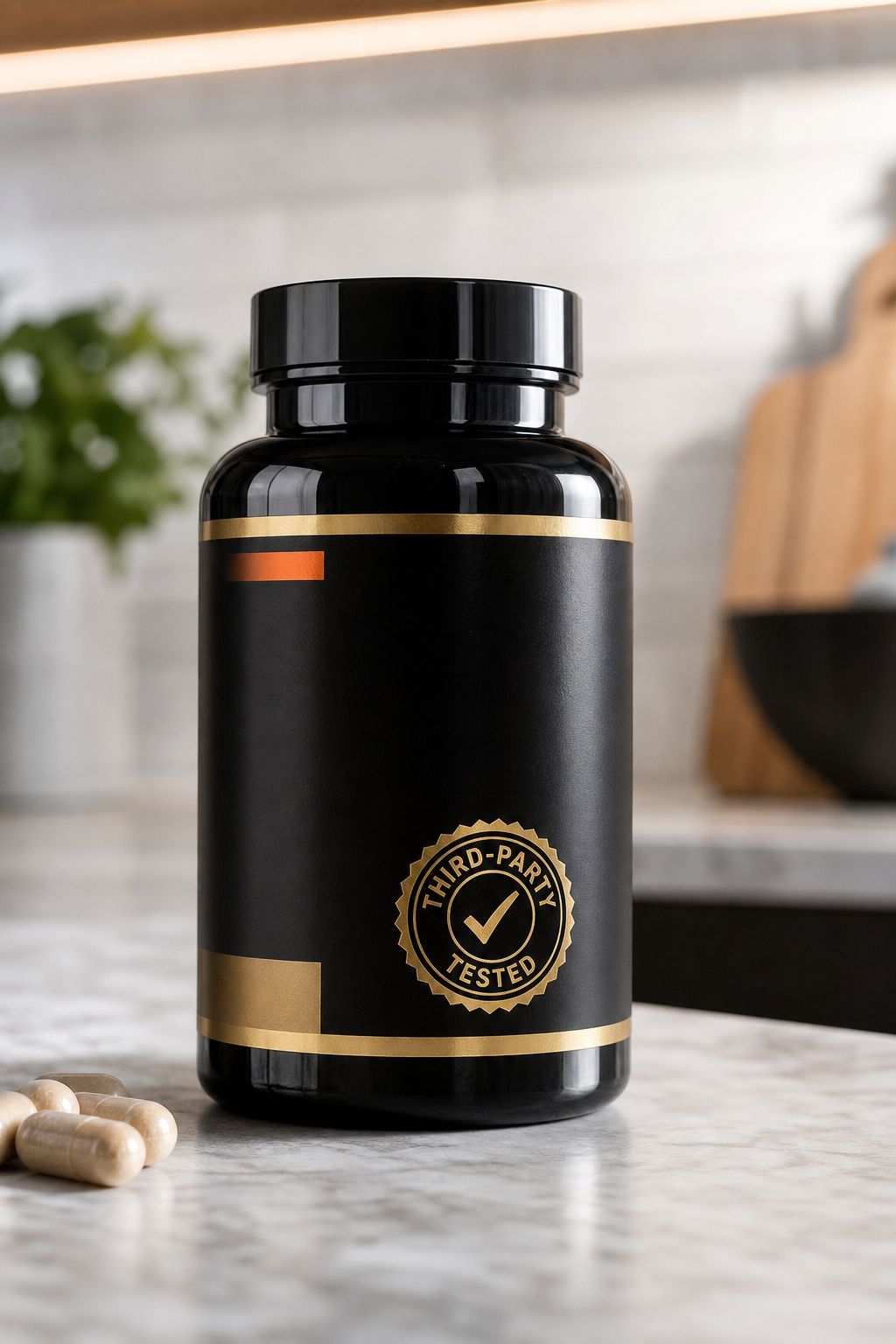 A close-up of a supplement bottle with a third-party testing seal on a clean kitchen counter, soft natural light. Alt: Third-party tested supplement quality seal on a male libido booster bottle.