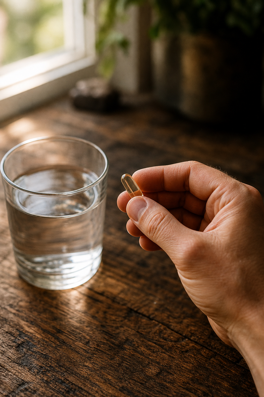 A photorealistic close-up of a man's hand holding a clear capsule next to a glass of water on a rustic wooden table, with natural lighting from a window. Alt: Natural supplement capsule for stamina