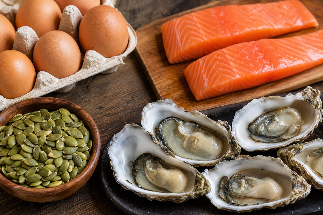A photorealistic close‑up of natural food ingredients , eggs, oysters, pumpkin seeds, and salmon fillets arranged on a w