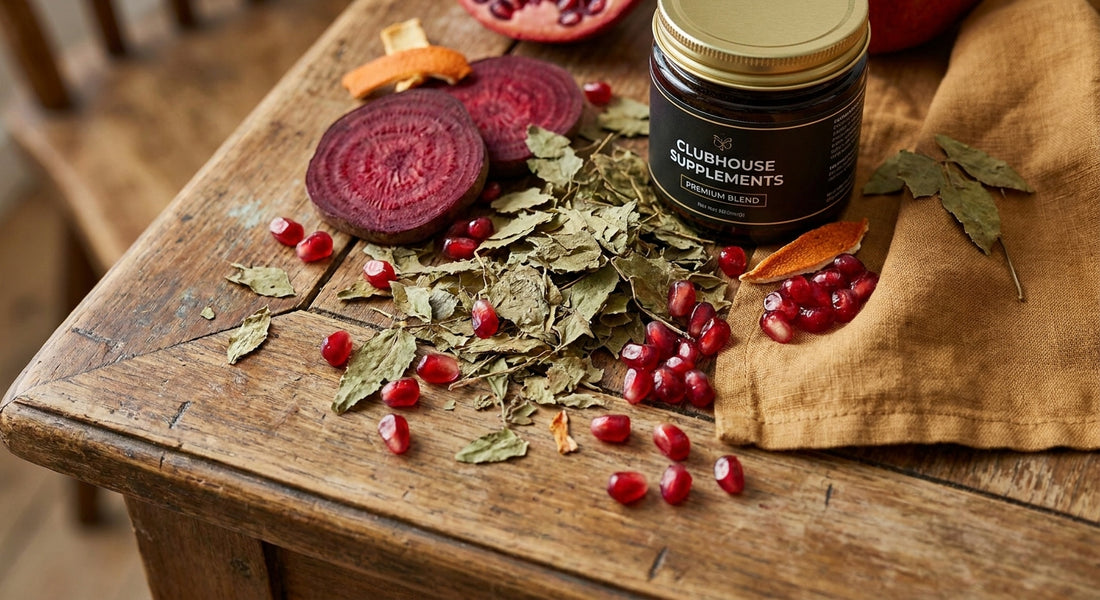 A photorealistic close‑up of natural supplement ingredients like Horny Goat Weed leaves, beetroot slices, and pomegranate seeds spread on a wooden table, bright daylight, realistic style