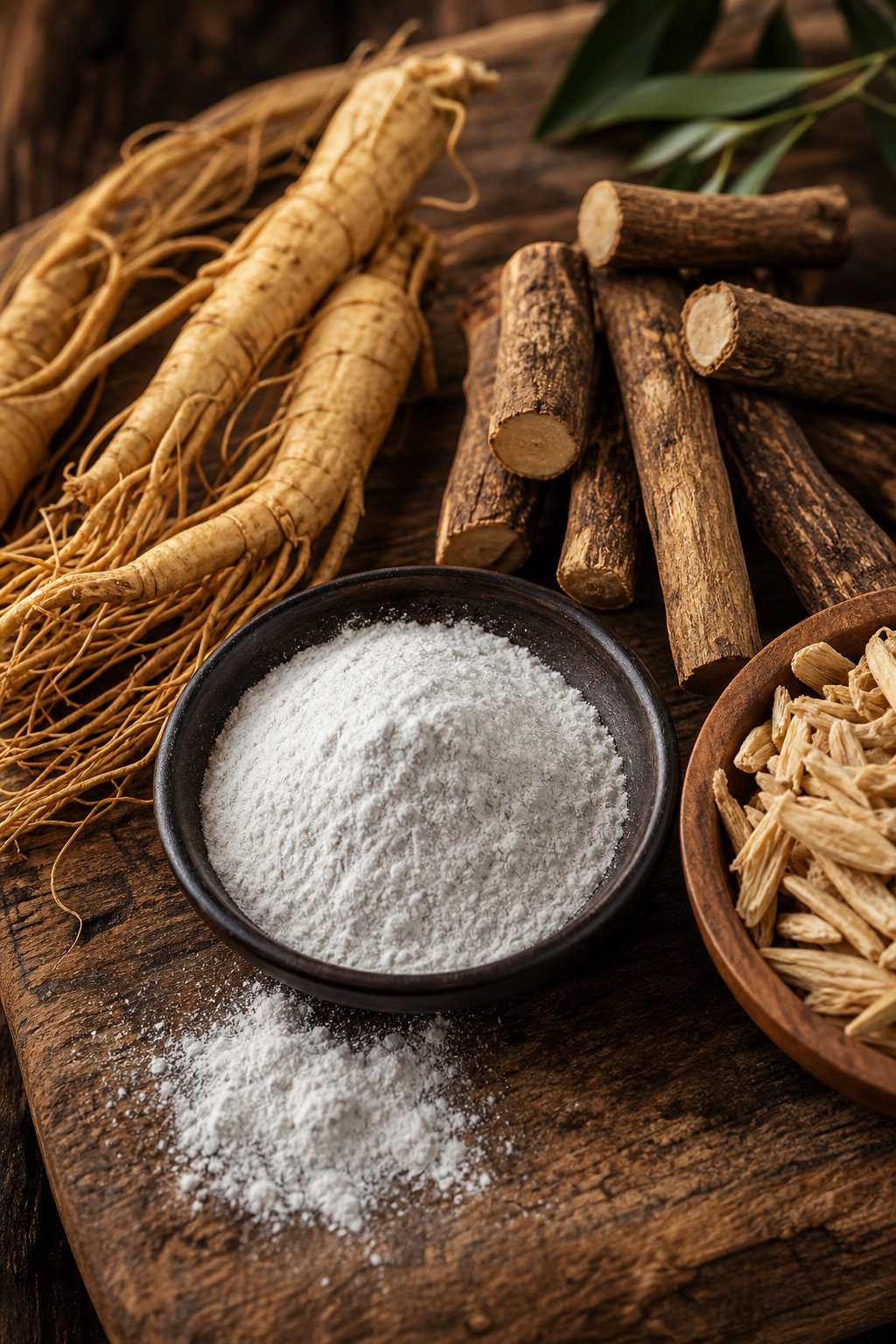A photorealistic close-up of natural supplement ingredients like ginseng root, Tongkat Ali, and L-Arginine powder scattered on a wooden surface, with soft natural lighting. Alt: Close-up of natural ingredients used in male performance supplements.