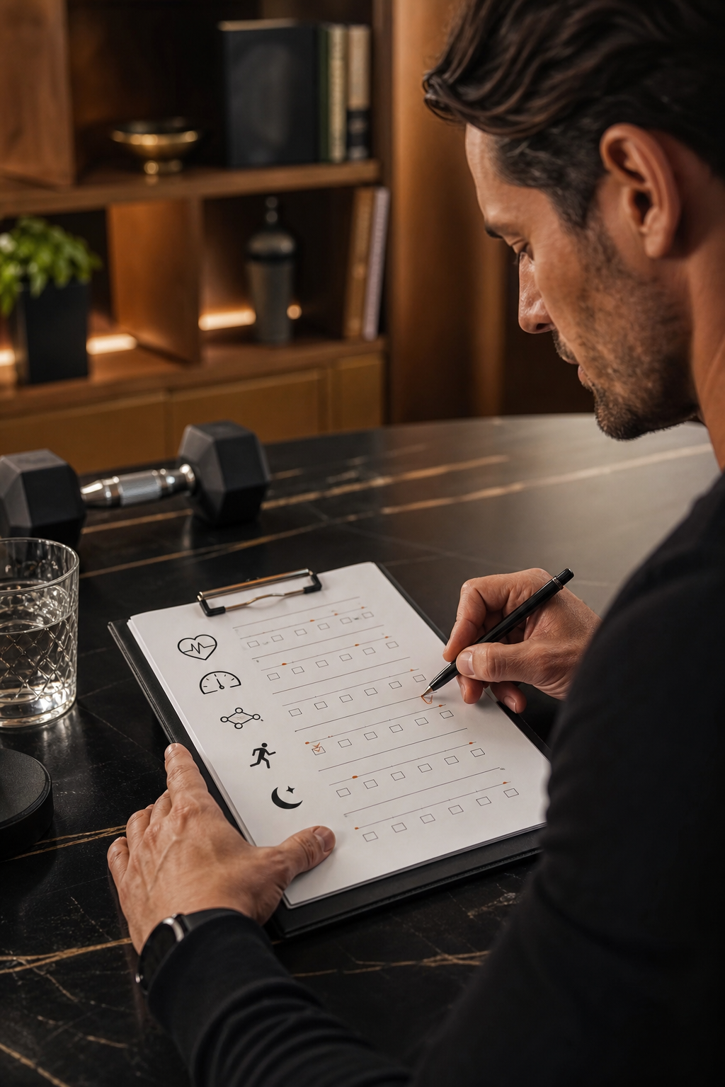 A realistic illustration of a man marking a health log on paper, with icons for blood pressure, hormone levels, and lifestyle habits. Alt: erectile health self‑assessment chart