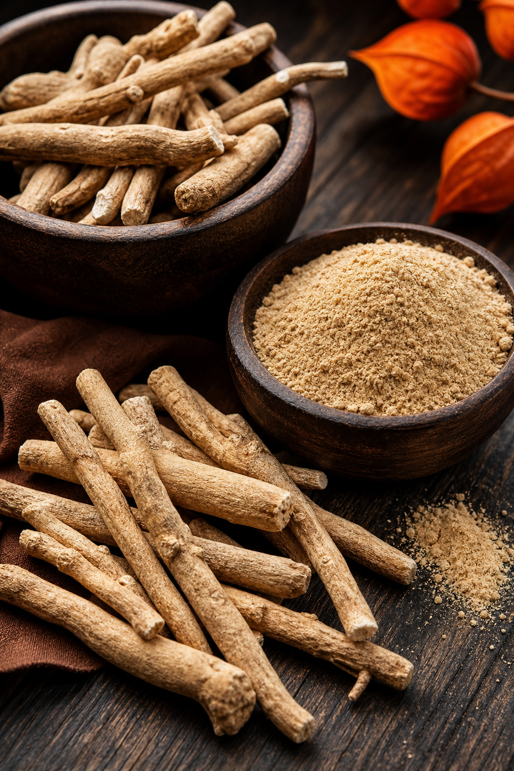ashwagandha root and powder for men's health benefits.