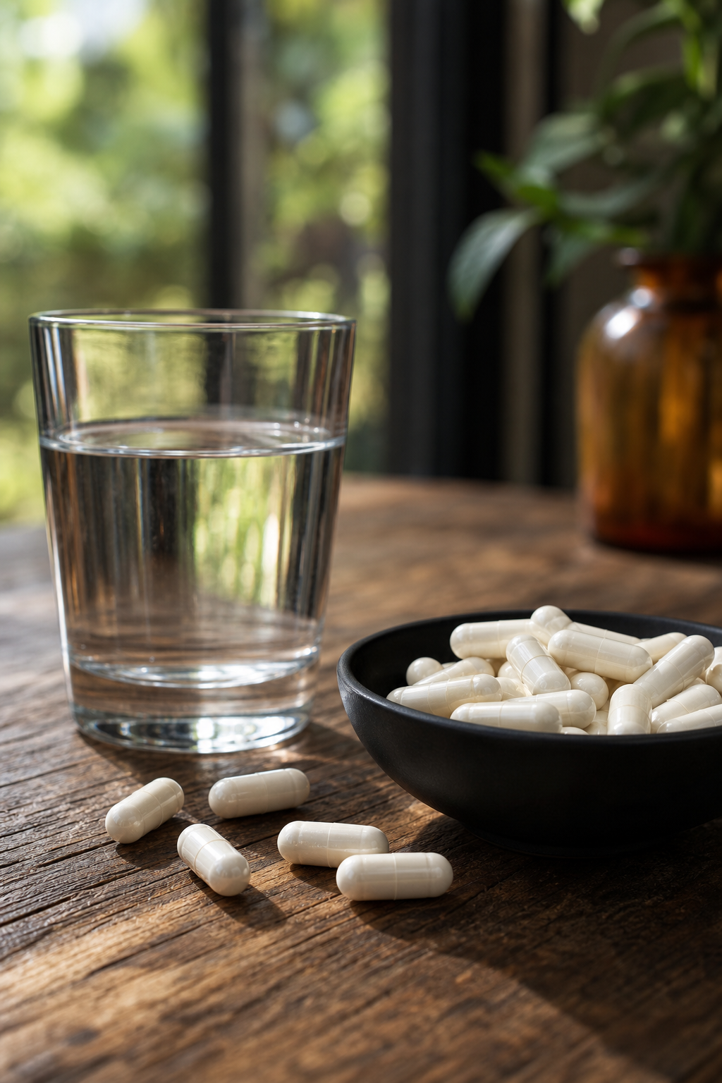 A photorealistic close-up of L-Arginine supplement capsules on a wooden table with a glass of water, natural lighting, emphasizing the ingredient's role in nitric oxide production. Alt: L-Arginine supplements for blood flow and stronger erections