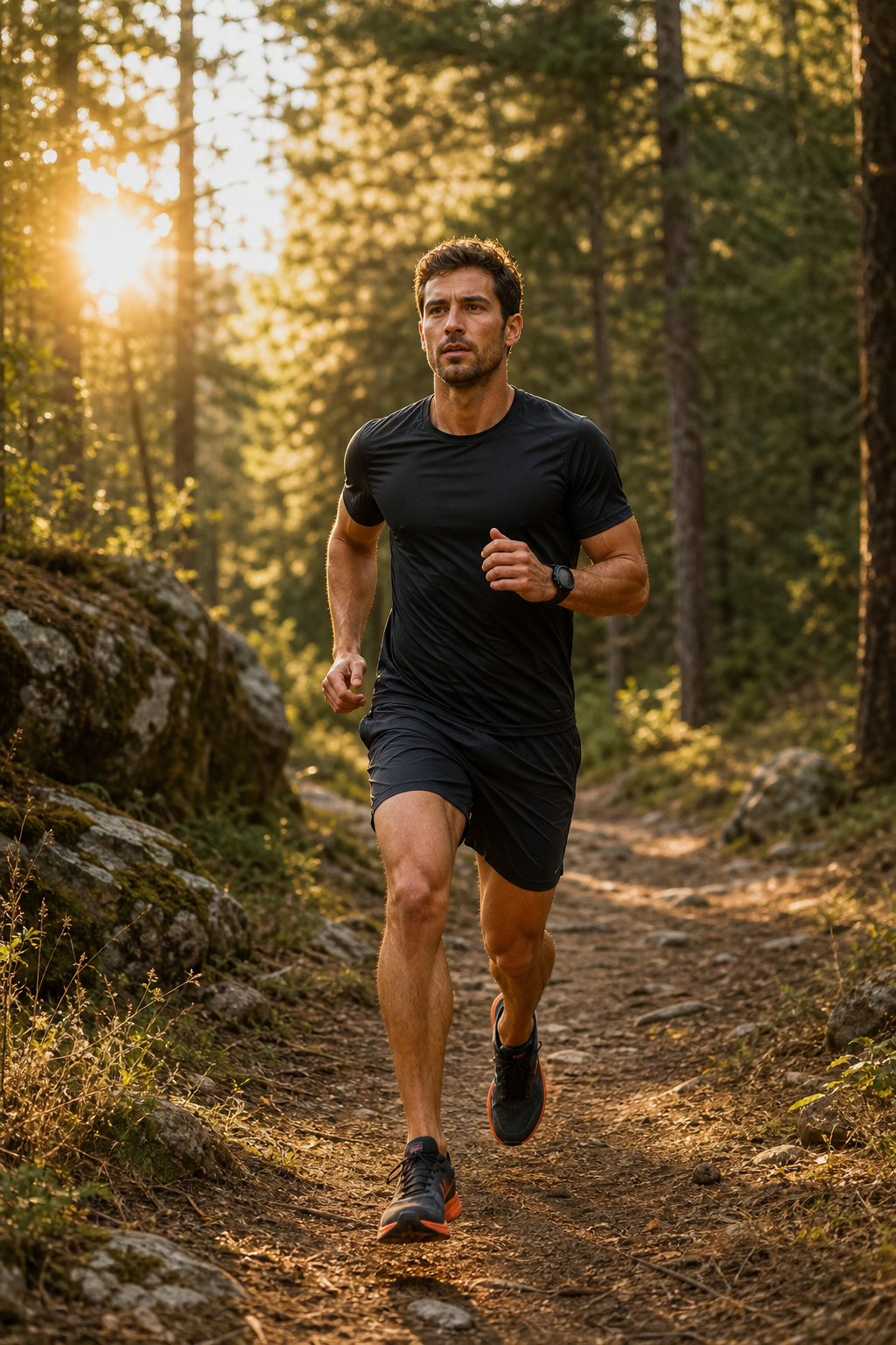 man building cardiovascular stamina by running outdoors on a forest trail.