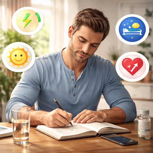 A realistic illustration of a man writing a health journal, with icons for energy, sleep, mood and libido around him. Alt: journal tracking hormone health goals