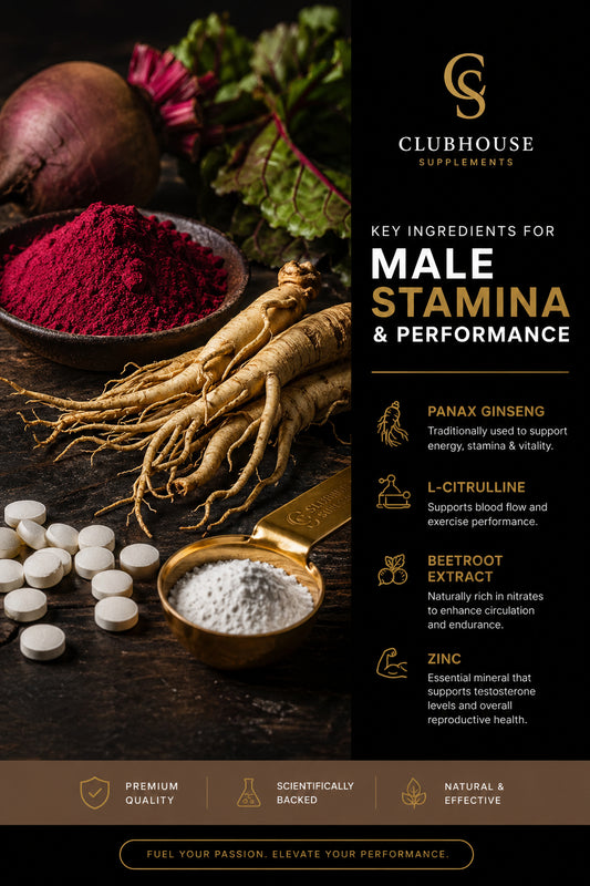 A photorealistic close-up of natural supplement ingredients like ginseng root, zinc tablets, and beetroot powder on a dark wooden surface, with a small measuring spoon. Alt: Key ingredients for male stamina supplements including citrulline and beetroot.