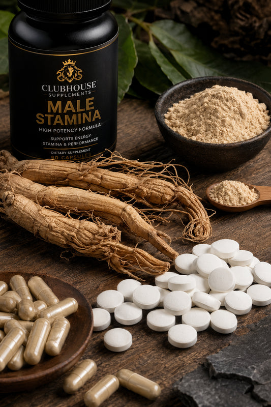 A photorealistic close-up of natural supplement ingredients like ginseng root, zinc tablets, and maca powder arranged on a wooden surface, soft natural lighting, high detail. Alt: Natural ingredients for male stamina supplements ginseng zinc maca