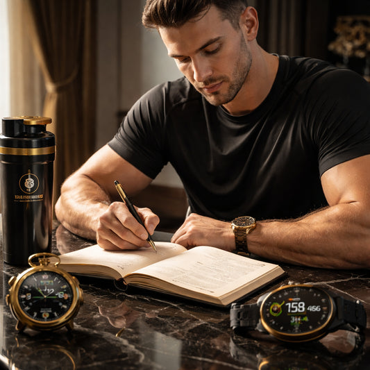 A realistic illustration of a man writing notes in a journal, with a stopwatch and a heart‑rate monitor nearby. Alt: tracking stamina and endurance baseline.