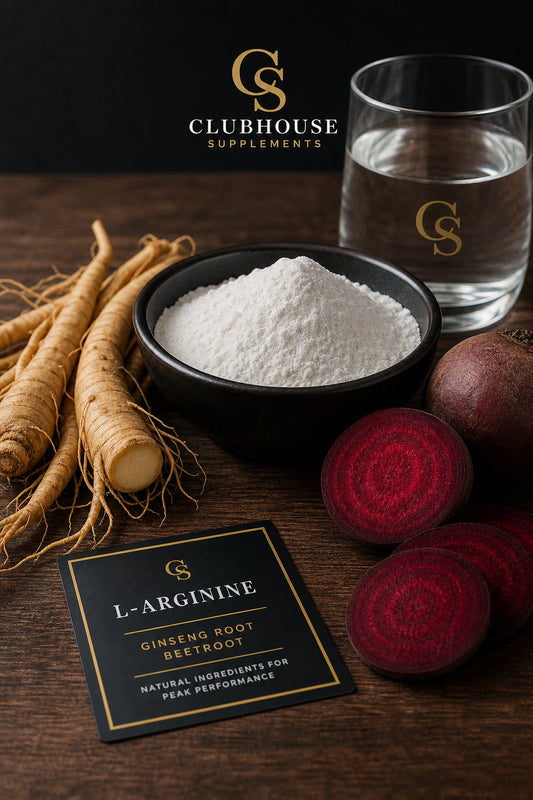 A photorealistic close-up of natural supplement ingredients like ginseng root, L-arginine powder, and beetroot slices on a wooden surface, with a glass of water nearby. Alt: natural ingredients for arousal supplements L-arginine ginseng beetroot