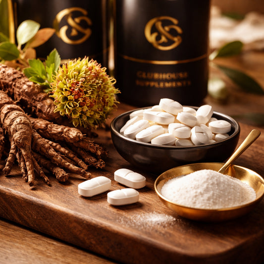 A photorealistic close‑up of natural supplement ingredients like Rhodiola root, vitamin B9 tablets, and L‑theanine powder on a wooden surface. Alt: natural ingredients for stamina supplement