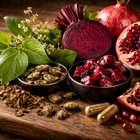 A photorealistic close‑up of natural supplement ingredients like horny goat weed, beetroot, and pomegranate seeds on a wooden surface, showing vibrant colors and textures. Alt: natural ingredients for male arousal supplement.