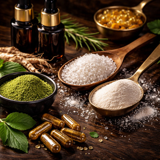 A photorealistic close‑up of natural supplement ingredients like glutamate crystals, magnesium powder and herbal extracts on a dark wooden surface. Alt: natural ingredients for confidence supplement