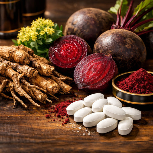 A photorealistic close‑up of natural supplement ingredients like rhodiola root, beetroot, and citrulline tablets on a wooden surface. Alt: natural stamina supplement ingredients.