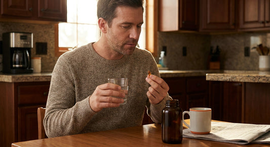 A photorealistic close-up of a man holding a glass of water and a single capsule at a kitchen table in soft morning light, looking thoughtful. Alt: man reviewing a male libido supplement and possible side effects.