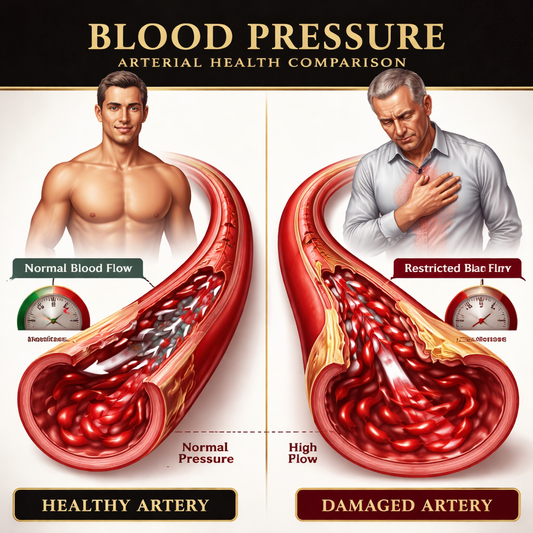 blood pressure arterial health comparison showing healthy vs damaged arteries in men