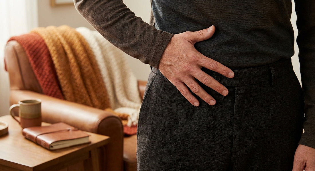 A photorealistic close-up of a man's hand pressing gently on his lower abdomen, illustrating the location of pelvic floor muscles. Alt: Man locating pelvic floor muscles for Kegel exercises.