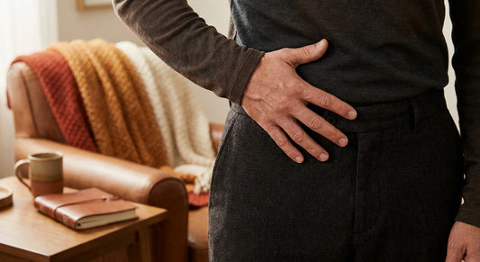 A photorealistic close-up of a man's hand pressing gently on his lower abdomen, illustrating the location of pelvic floor muscles. Alt: Man locating pelvic floor muscles for Kegel exercises.