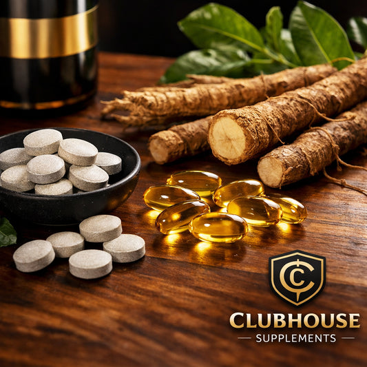 A photorealistic close‑up of natural supplement ingredients like zinc tablets, vitamin D capsules, and tongkat ali roots on a wooden surface. Alt: “natural ingredients for testosterone support”