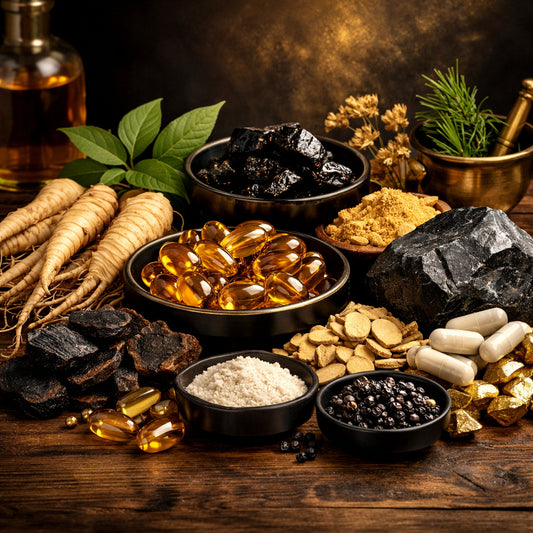 A realistic close‑up of natural supplement ingredients like herbs, roots, and minerals on a wooden table. Alt: male performance supplement ingredients illustration.