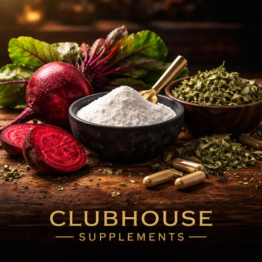 A photorealistic close‑up of natural supplement ingredients like beetroot, L‑arginine powder, and Horny Goat Weed on a wooden table. Alt: male performance supplement ingredients illustration