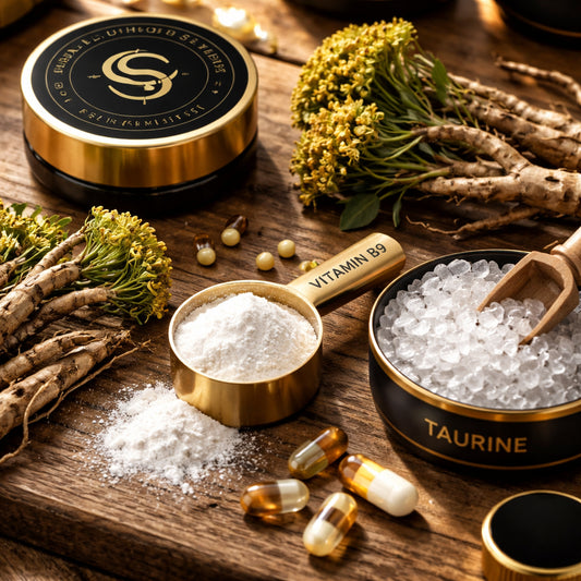 A photorealistic close‑up of natural adaptogenic herbs like Rhodiola roots, a scoop of vitamin B9 powder, and crystal taurine on a wooden surface. Alt: supplement to improve stamina and endurance ingredients